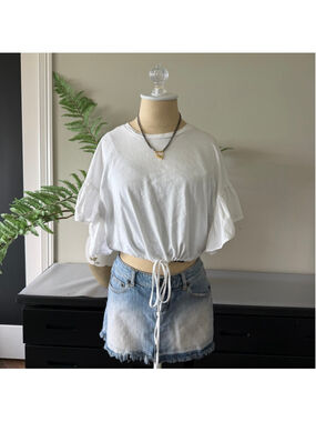 Zara White Cinch Waist Ruffle Sleeve Top Size S